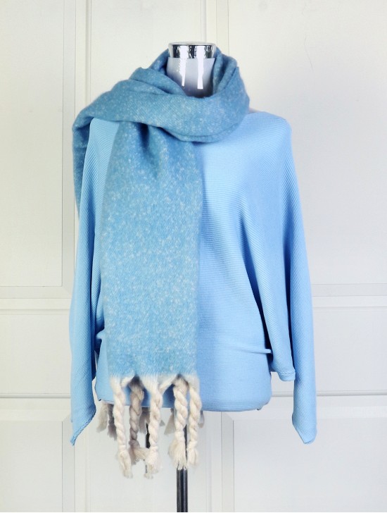 Solid Versatile Loose Fitting Top and Scarf Set  (CL1180-15LBL + SF195506BLU)